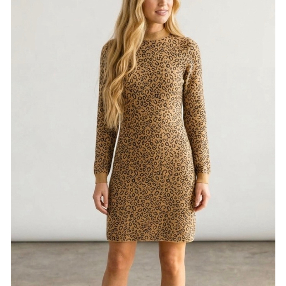 Le Rumi Leopard Print Mini Dress Mock Neck Long Sleeve Size S